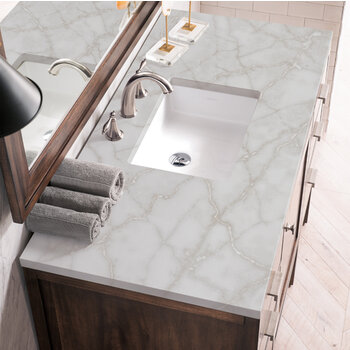 James Martin Furniture Addison 48'' Single Vanity, Mid-Century Acacia w/ 3 cm (1-3/8'') Thick Victorian Silver Quartz Top and Rectangle Undermount Sink Overhead Top View