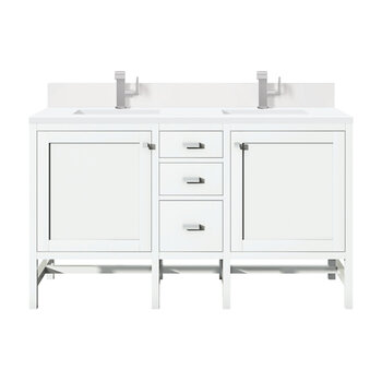 James Martin Furniture Addison 60'' Double Vanity, Glossy White w/ Single Hole 3 cm (1-3/8'') Thick White Zeus Quartz Top, Backsplash, and 2x Rectangle Undermount Sinks Product View