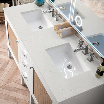James Martin Furniture Addison 60'' Double Vanity, Glossy White w/ 3 cm (1-3/8'') Thick Lime Delight Quartz Top and 2x Rectangle Undermount Sinks Overhead Top View