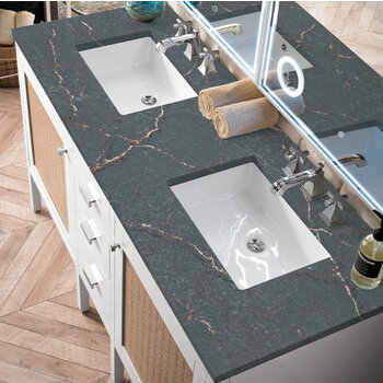James Martin Furniture Addison 60'' Double Vanity, Glossy White w/ 3 cm (1-3/8'') Thick Parisien Bleu Quartz Top and 2x Rectangle Undermount Sinks Overhead Top View