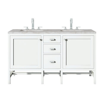James Martin Furniture Addison 60'' Double Vanity, Glossy White w/ 3 cm (1-3/8'') Thick Victorian Silver Quartz Top and 2x Rectangle Undermount Sinks Product View