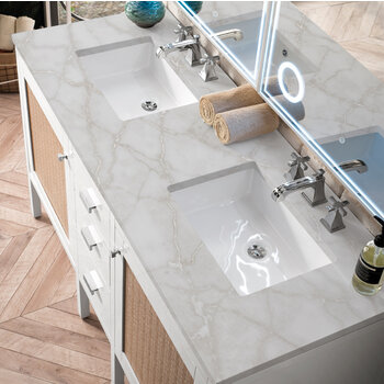 James Martin Furniture Addison 60'' Double Vanity, Glossy White w/ 3 cm (1-3/8'') Thick Victorian Silver Quartz Top and 2x Rectangle Undermount Sinks Overhead Top View