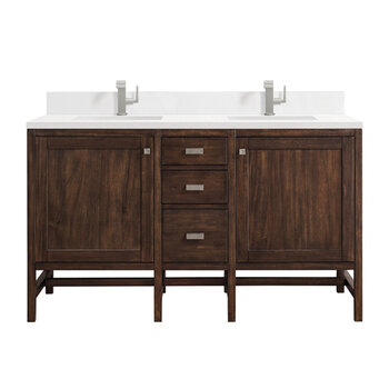 James Martin Furniture Addison 60'' Double Vanity, Mid-Century Acacia w/ Single Hole 3 cm (1-3/8'') Thick White Zeus Quartz Top, Backsplash, and 2x Rectangle Undermount Sinks Product View
