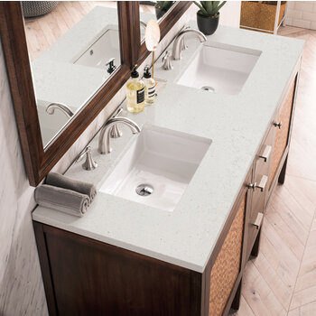 James Martin Furniture Addison 60'' Double Vanity, Mid-Century Acacia w/ 3 cm (1-3/8'') Thick Lime Delight Quartz Top and 2x Rectangle Undermount Sinks Overhead Top View