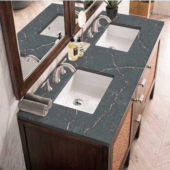 James Martin Furniture Addison 60'' Double Vanity, Mid-Century Acacia w/ 3 cm (1-3/8'') Thick Parisien Bleu Quartz Top and 2x Rectangle Undermount Sinks Overhead Top View