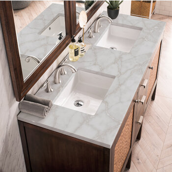 James Martin Furniture Addison 60'' Double Vanity, Mid-Century Acacia w/ 3 cm (1-3/8'') Thick Victorian Silver Quartz Top and 2x Rectangle Undermount Sinks Overhead Top View