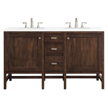 James Martin Furniture Addison 60'' Double Vanity Cabinet in Mid Century Acacia w/ 3cm (1-3/8'') Thick White Zeus Quartz Top