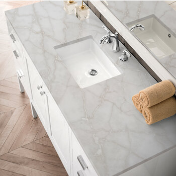 James Martin Furniture Addison 60'' Single Vanity, Glossy White w/ 3 cm (1-3/8'') Thick Victorian Silver Quartz Top and Rectangle Undermount Sink Overhead Top View