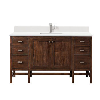 James Martin Furniture Addison 60'' Single Vanity, Mid-Century Acacia w/ Single Hole 3 cm (1-3/8'') Thick White Zeus Quartz Top, Backsplash, and Rectangle Undermount Sink Product View