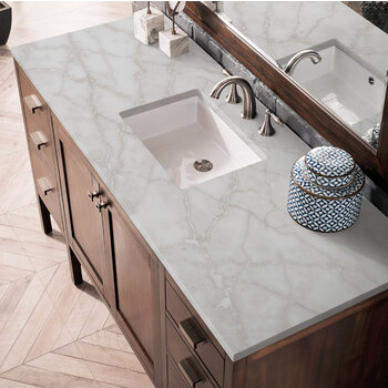 James Martin Furniture Addison 60'' Single Vanity, Mid-Century Acacia w/ 3 cm (1-3/8'') Thick Victorian Silver Quartz Top and Rectangle Undermount Sink Overhead Top View