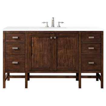 James Martin Furniture Addison 60'' Single Vanity Cabinet, Mid Century Acacia w/ 3cm (1-3/8'') Thick White Zeus Quartz Top