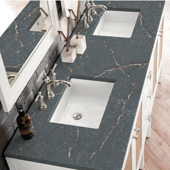 James Martin Furniture Addison 72'' Double Vanity, Glossy White w/ 3 cm (1-3/8'') Thick Parisien Bleu Quartz Top and 2x Rectangle Undermount Sinks Overhead Top View