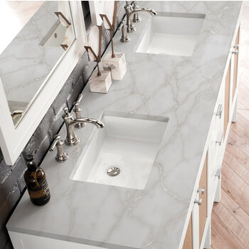 James Martin Furniture Addison 72'' Double Vanity, Glossy White w/ 3 cm (1-3/8'') Thick Victorian Silver Quartz Top and 2x Rectangle Undermount Sinks Overhead Top View