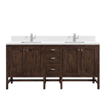 James Martin Furniture Addison 72'' Double Vanity, Mid-Century Acacia w/ Single Hole 3 cm (1-3/8'') Thick White Zeus Quartz Top, Backsplash, and 2x Rectangle Undermount Sinks Product View