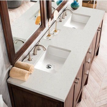 James Martin Furniture Addison 72'' Double Vanity, Mid-Century Acacia w/ 3 cm (1-3/8'') Thick Lime Delight Quartz Top and 2x Rectangle Undermount Sinks Overhead Top View