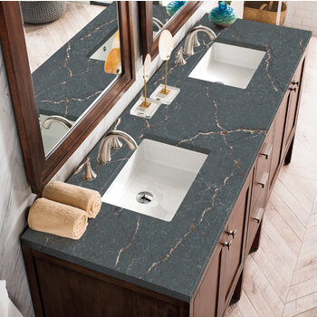 James Martin Furniture Addison 72'' Double Vanity, Mid-Century Acacia w/ 3 cm (1-3/8'') Thick Parisien Bleu Quartz Top and 2x Rectangle Undermount Sinks Overhead Top View