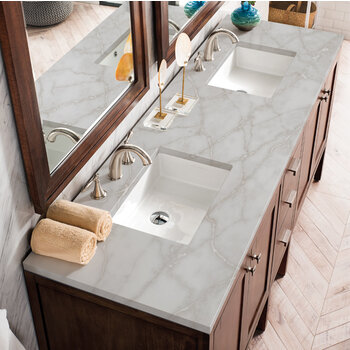James Martin Furniture Addison 72'' Double Vanity, Mid-Century Acacia w/ 3 cm (1-3/8'') Thick Victorian Silver Quartz Top and 2x Rectangle Undermount Sinks Overhead Top View