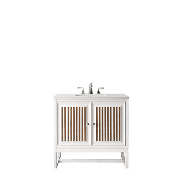 James Martin Furniture Athens 30'' W Single Vanity Cabinet, Glossy White, w/ 3cm (1-3/8'') Thick Carrara White Top