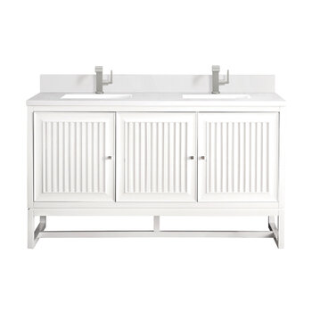 James Martin Furniture Athens 60'' Double Vanity, Glossy White w/ Single Hole 3 cm (1-3/8'') Thick White Zeus Quartz Top, Backsplash, and 2x Rectangle Undermount Sinks Product View
