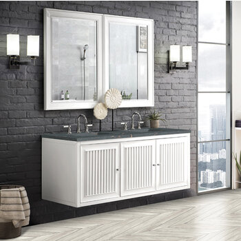 James Martin Furniture Athens 60'' Double Vanity, Glossy White w/ 3 cm (1-3/8'') Thick Parisien Bleu Quartz Top and 2x Rectangle Undermount Sinks Installed Angle View