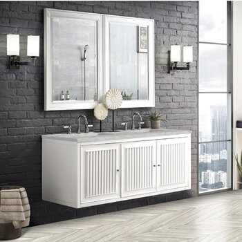 James Martin Furniture Athens 60'' Double Vanity, Glossy White w/ 3 cm (1-3/8'') Thick Victorian Silver Quartz Top and 2x Rectangle Undermount Sinks Installed Angle View