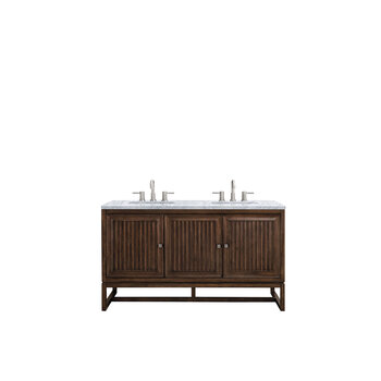 James Martin Furniture Athens 60'' W Double Vanity Cabinet, Mid Century Acacia, w/ 3cm (1-3/8'') Thick Carrara White Top