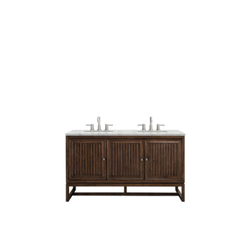 James Martin Furniture Athens 60'' W Double Vanity Cabinet, Mid Century Acacia, w/ 3cm (1-3/8'') Thick Eternal Jasmine Pearl Quartz Top