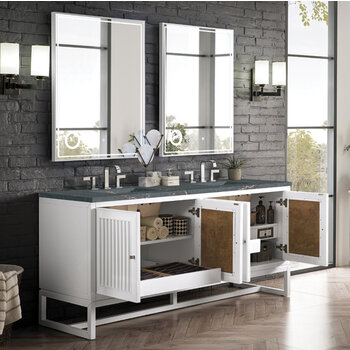 James Martin Furniture Athens 72'' Double Vanity, Glossy White w/ 3 cm (1-3/8'') Thick Parisien Bleu Quartz Top and 2x Rectangle Undermount Sinks Installed Opened Angle View