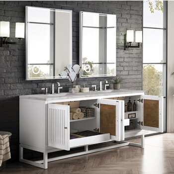 James Martin Furniture Athens 72'' Double Vanity, Glossy White w/ 3 cm (1-3/8'') Thick Victorian Silver Quartz Top and 2x Rectangle Undermount Sinks Installed Opened Angle View