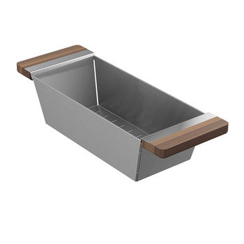 JULIEN Smartstation Collection Colander with Walnut Handles for Fira Collection Kitchen Sink in Brushed Stainless Steel, 6" W x 17-3/8" D x 4-1/4" H