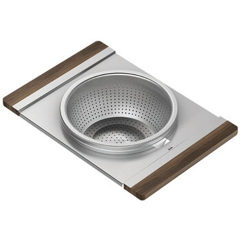 Julien Stainless Steel Serving Board with Bowl, Colander, and Walnut Handles, for Fira Fireclay Sinks, 12'' W