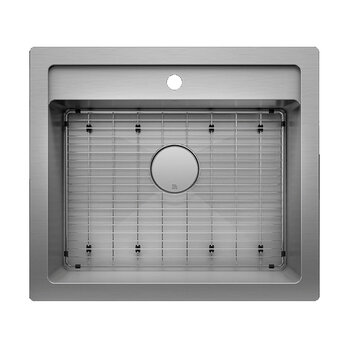 Julien PROINOX H60 Series Handcrafted Dual Mount 18-Gauge Stainless Steel Laundry Single Bowl Sink with Grid and Drain, Overhead View w/ Grid