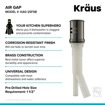 Kraus Dishwasher Air Gap in Spot Free Black Stainless with Rounded Corners, 1-7/8" W x 1-7/8" D x 2-1/2" H