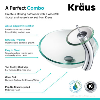 Kraus Crystal Clear Glass Vessel Sink and Chrome Waterfall Faucet Set, 16-1/2" Dia. x 5-1/2" H