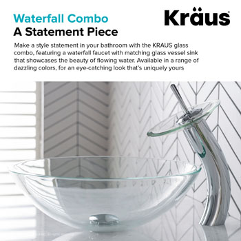 Kraus Crystal Clear Glass Vessel Sink and Chrome Waterfall Faucet Set, 16-1/2" Dia. x 5-1/2" H