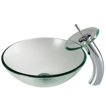 Kraus Clear Glass Vessel Sink and Waterfall Faucet Set, Chrome