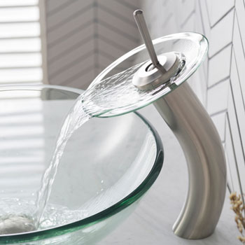 Kraus Clear Glass Vessel Sink and Waterfall Faucet Set, Satin Nickel
