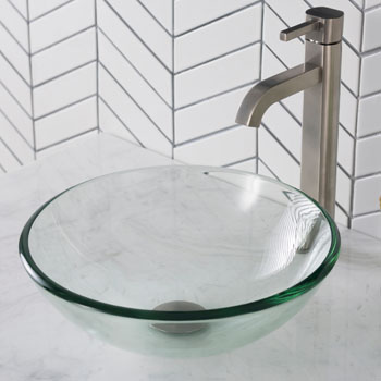 Kraus Clear 14 inch Glass Vessel Sink and Ramus Faucet Set, Chrome