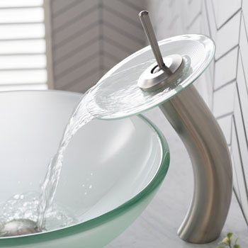 Kraus Frosted Glass Vessel Sink and Waterfall Faucet Set, Satin Nickel