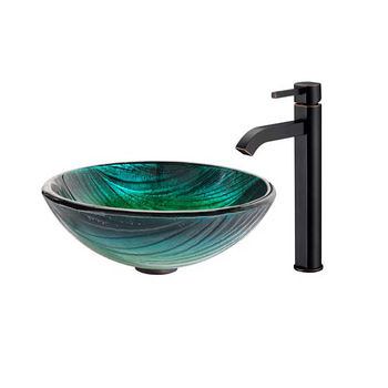 Kraus Nei Glass Vessel Sink and Ramus Faucet Oil Rubbed Bronze Set