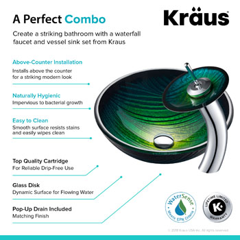 Kraus Nature Series Nei Glass Vessel Sink and Waterfall Faucet Chrome Set