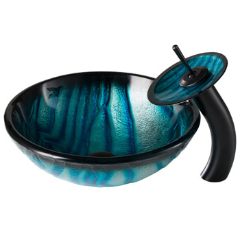 Kraus Nature Series Ladon Glass Vessel Sink and Waterfall Faucet Oil Rubbed Bronze Set