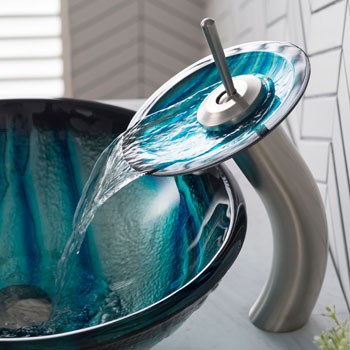 Kraus Nature Series Ladon Glass Vessel Sink and Waterfall Faucet Satin Nickel Set
