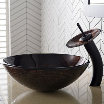 Kraus Copper Illusion Glass Vessel Sink and Waterfall Faucet, Oil Rubbed Bronze
