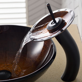 Kraus Copper Illusion Glass Vessel Sink and Waterfall Faucet, Oil Rubbed Bronze