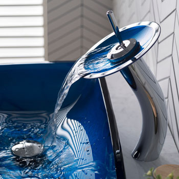 Kraus Irruption Blue Rectangular Glass Sink and Waterfall Faucet, Chrome
