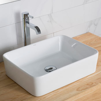 Kraus White Rectangular Ceramic Sink and Ramus Faucet, Chrome