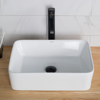 Kraus White Rectangular Ceramic Sink and Ramus Faucet
