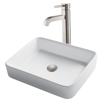 Kraus White Rectangular Ceramic Sink and Ramus Faucet, Satin Nickel