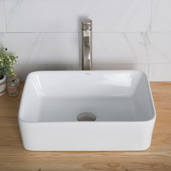 Kraus White Rectangular Ceramic Sink and Ramus Faucet, Satin Nickel